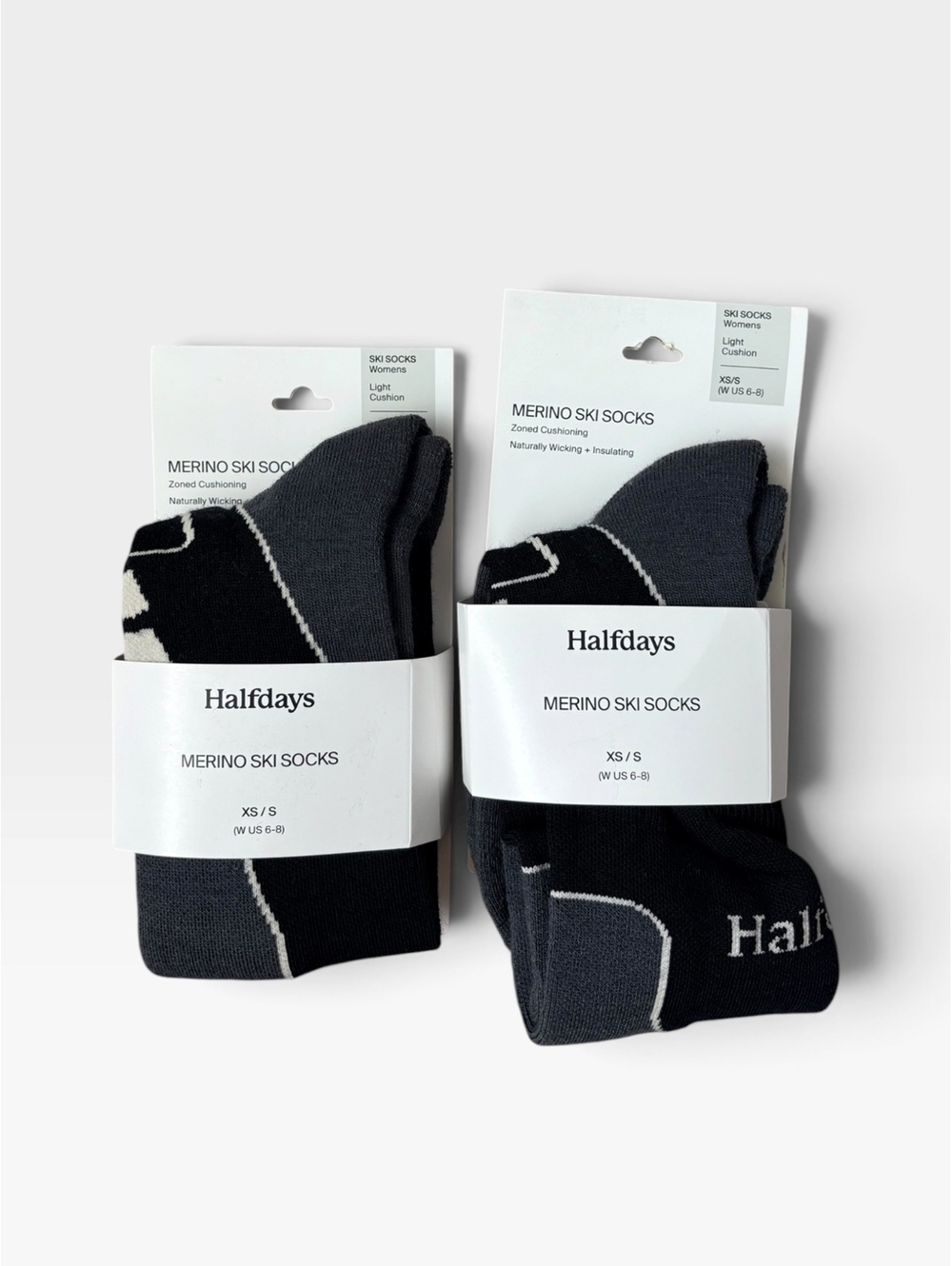 Halfdays Merino Wool Light NWT Cushion Ski Socks 2 Pack Black Womens XS/S (6-8)